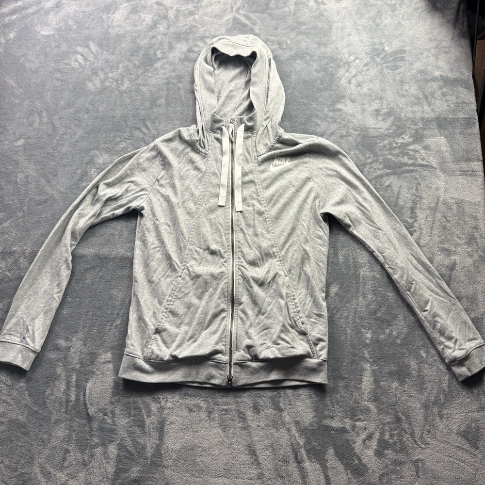 Nike Hoodie Women Medium Gray White Swoosh Zip Sweatshirt Jacket Lightweight